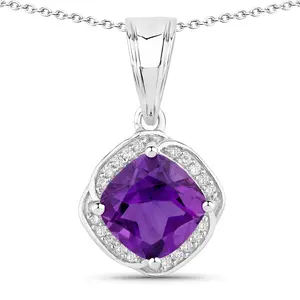 1.90 Ct. Genuine Amethyst and Lab Diamond Silver Cushion Cut Halo Necklace