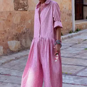 Fashion  Style Plaid Shirt Collar Long Sleeve Jumpsuit