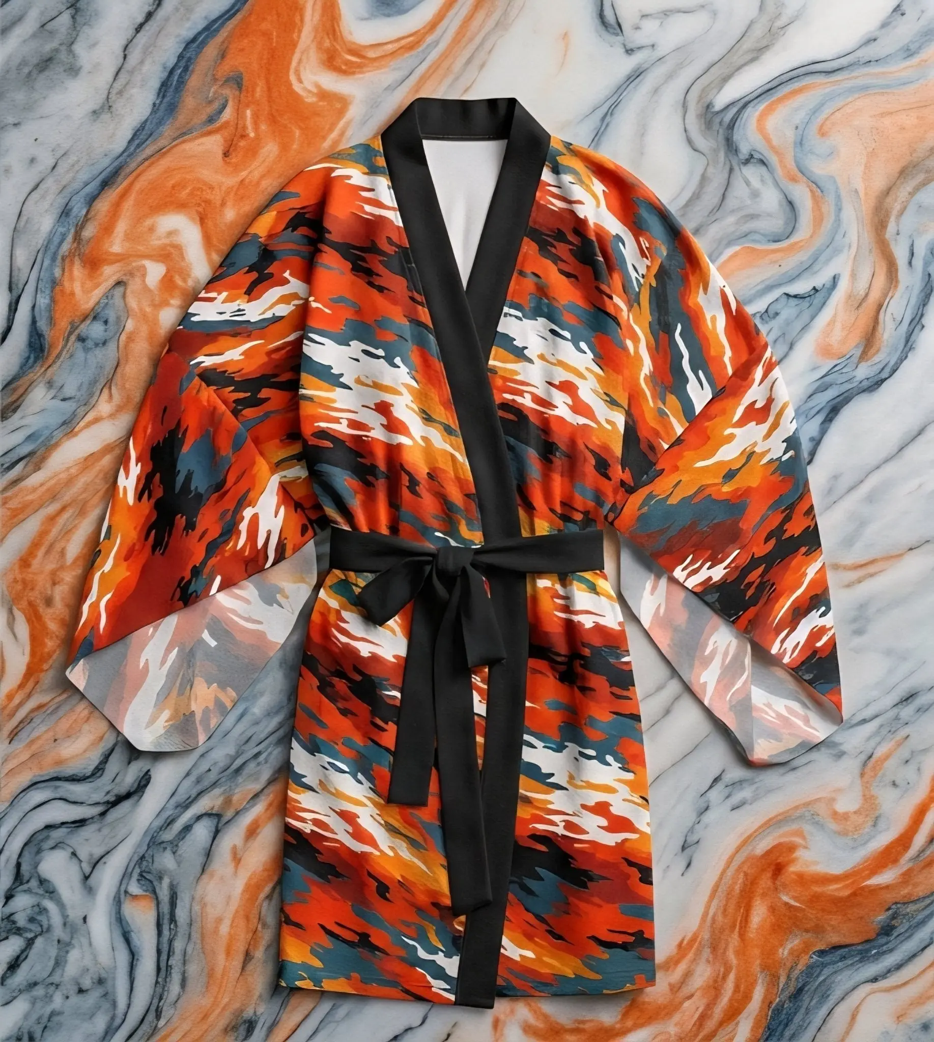 Women's Silky Smooth Chic Long Sleeve AOP Belted Kimono Robe - Bold All-Over Print Duster Robe for Maximalist Home Dressers, Gallery Lounge Statement