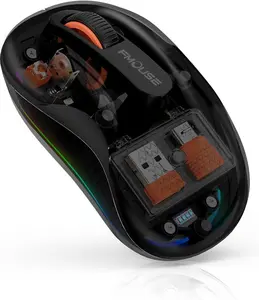 FMOUSE Transparent Wireless Mouse, Tri-Mode Bluetooth 5.1 & 2.4GHz, USB-A & USB-C Receiver, Silent Rechargeable RGB, 3 Devices for MacBook Laptop iPad PC, Business Minimalist — Black