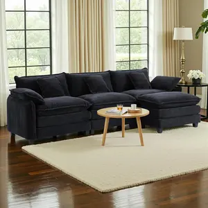 99" Living Room Sofa L-Shaped Modern Sofa with Footstool Three-Seater Velvet Deep-Seat Oversized Folding Sofa Cloud-Shaped Cushion Set Modular Combination Sofa Soft Comfortable Stain-Resistant Living Room Furniture Furniture Jade couch mas Sectional