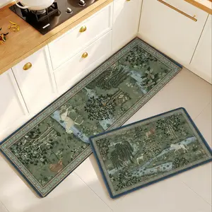 Medieval Style Non-Skid Fabric + Rubber Kitchen Runner Set, 0.4cm Vintage Design Rug with Pastoral Forest Horse Landscape, Water Absorbent Home Decor Rug, Water Absorbent Rug Waterproof Area Rugs
