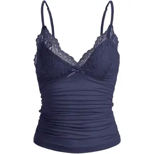 LOFAAC Women Sexy Y2K V Neck Lace Patchwork Cami Shirt Cute Slim Fit Sleeveless Spaghetti Strap Going Out Camisole Tank