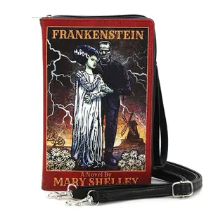 Frankenstein Book Crossbody Clutch Bag - Mary Shelley Novel Design with Lightning and Classic Characters