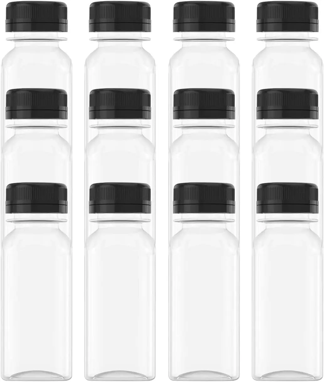 12 Pcs 2 OZ Mini Plastic Juice Bottles, Reusable Bulk Beverage Containers, Comes Black lid, for Juice, Milk and Other Beverages. Organiser
