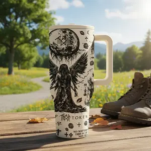 Gothic Skull Tumbler with Handle 40oz Stainless Steel Insulated Travel Mug, Vacuum Insulated Cup, Witchy Grim Reaper Moon Design Coffee Cup, Spooky Occult Halloween Gift for Her, Large Water Bottle for Car, Black & White Drinkware