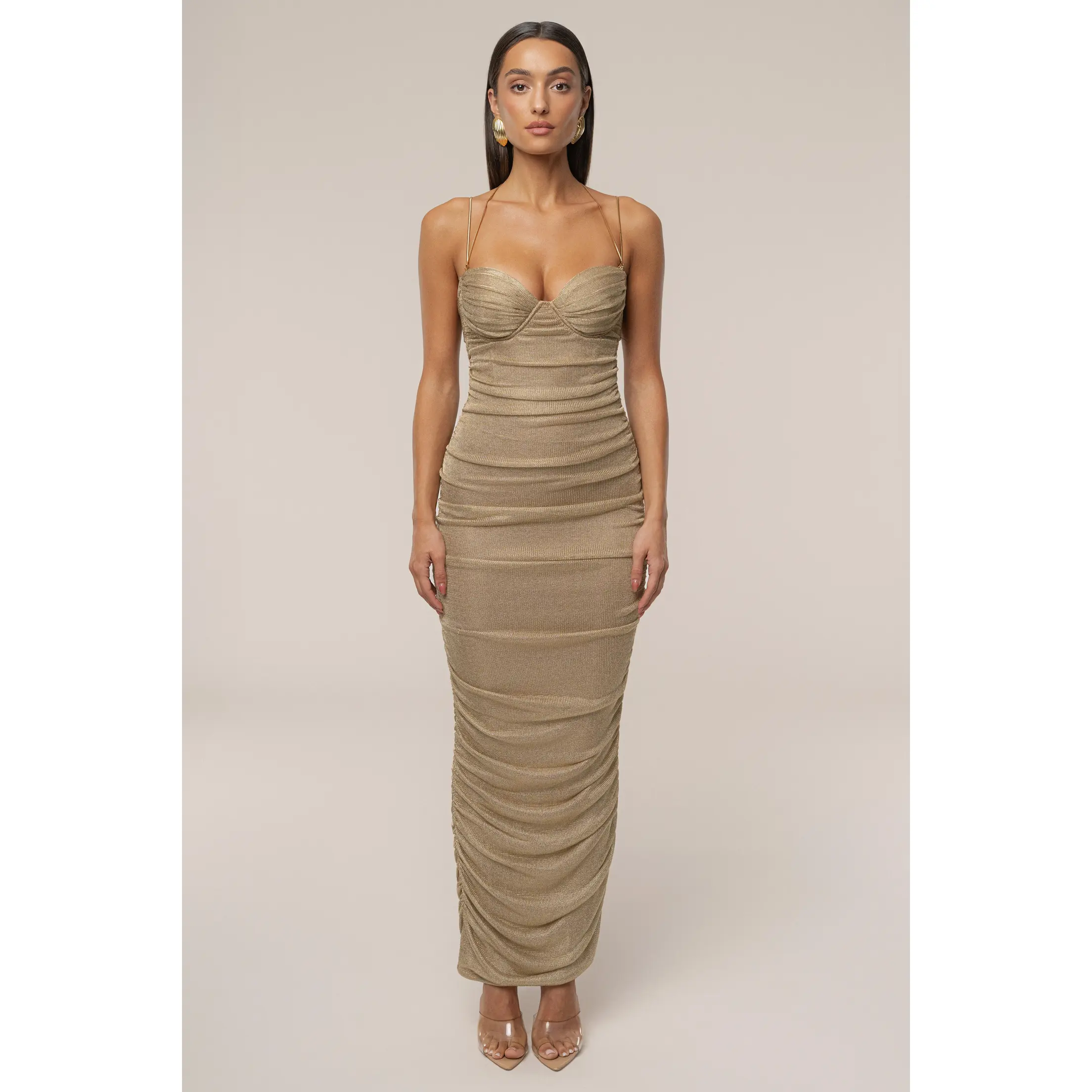 draped shoulder maxi dress Myla Draped Shoulders Satin Maxi Dress - Khaki