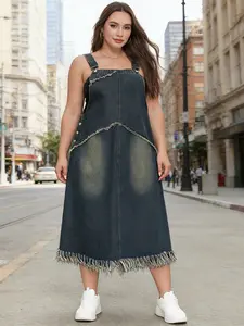 Women's Plus Size Bodycon Skirt, Frayed Hem, Faux Fur Trim, Fashion Casual Simple Suspender Dress, Stylish and Comfortable