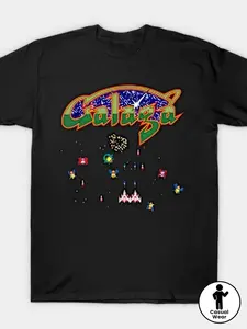 Men's Oversized T-shirt, Unisex Extra-large T-shirt, Inspired by Galaga, Black Casual T-shirt, Featuring a Retro Game Print Design, Loose Fit, Suitable for Both Men and Women to Wear in All Seasons, Vintage Style, Plus Size