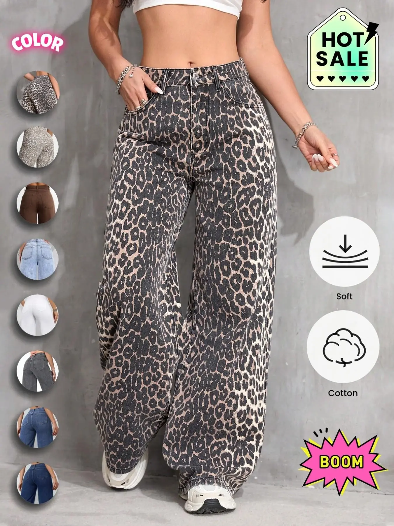 Women's High Waist Leopard Print Denim Jeans Pants, Loose Fit Micro Flare Jeans, Casual Street Style for Daily Wear, Party, Holiday, Streetwear, Flare Leg Jeans