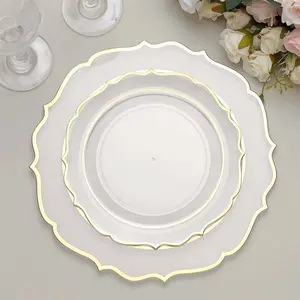 10-Pack Plastic Round Dessert Plates 8" Clear with Gold Scalloped Rim - Disposable Appetizer/Salad Plates