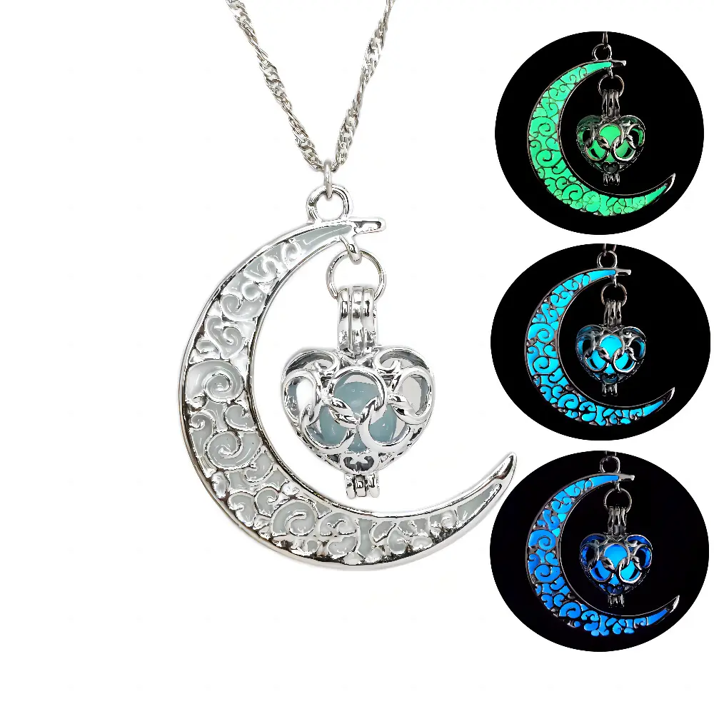 Hollow Out Glow-in-Dark Moon Pendant Necklace, Hot Selling Luminous Jewelry for Halloween, Glowing-Lit Necklaces, Moon Element Necklaces