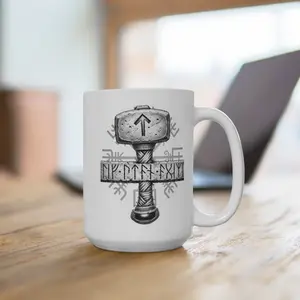 Mjolnir Hammer Rune Design Mug (runes read “live without fear”) | Viking Norse Mythology Coffee Cup