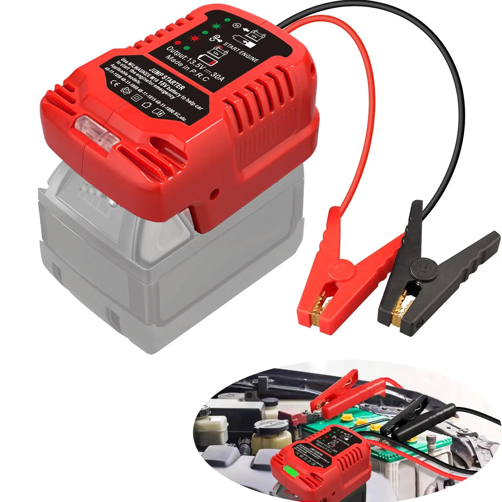 Jump Starter Adapter for Milwaukee M18 18V Battery, Portable 12V Car Jump Starter with Heavy Duty Clamps, Up to 3.5L Gas & 6.5L Diesel Engine Emergency Booster Kit (Battery Not Included)