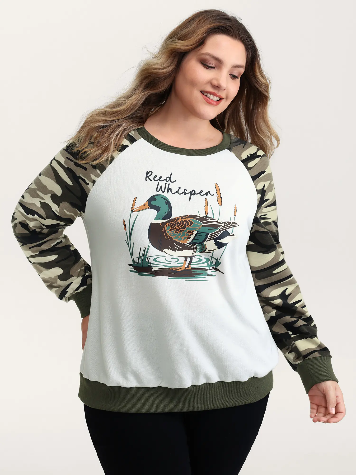 Women's Casual Camo Print Knit Top with Leopard Contrast Cuffed Sleeves, Round Neck Spandex Tee for Summer, Plus Size, Fabric, Tops, Camouflage, Knitwear, Sleeveless, Sage, Fit, Polyester Blend, Garment, Casual Wear, Regular Length