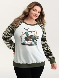 Women's Big-Tall Camouflage-Contrast Animal Print Spandex Sweatshirt Tops - 2026 Summer Turn-Up Sleeve Clothes BLOOMCHIC Flattering Fit Garment [M-6X] (Mother's Day Option) 2026 Summer Vibes Womenswear Tops Swimweek