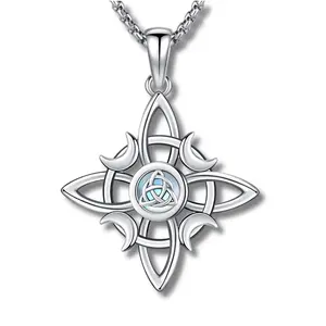 DRINSPER S925 Witch‘s Knot Necklace with Moonstone Celtic Knot 925 Sterling Silver Witches Knot Pendant Wicca Moon Irish Celtic Jewelry for Women, Triple Moon Trinity Knot Design, Protection and Mysticism Amulet Jewelry Accessories Gift for Girls