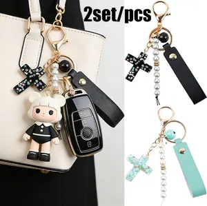 2 Pack Fashion Cross Charm Keychains for Women, PU Leather Wrist Strap Key Chain with Pearl Beaded Chain, Metal Lobster Clasp Key Holder for Car Keys Purse Backpack Handbag Decor Accessories