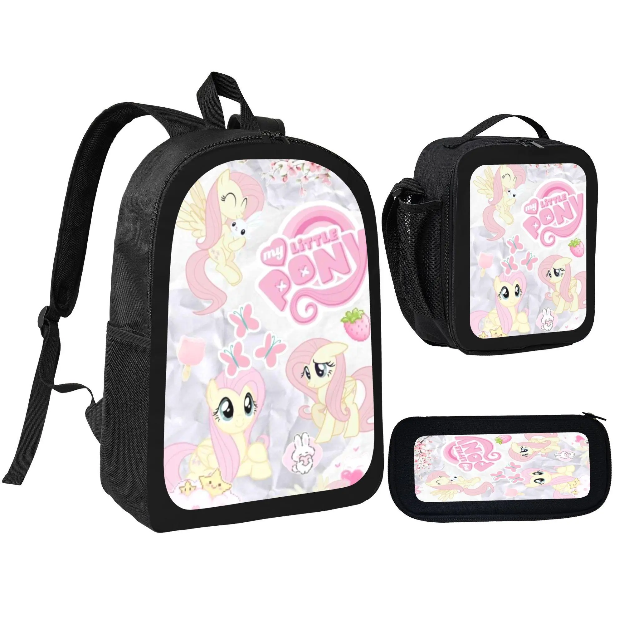 3Pcs Backpack Set My L-ittle P-ony Fluttershy Pattern With Lunch Bag Pencil Pouch School Bag For Girls Kids Students