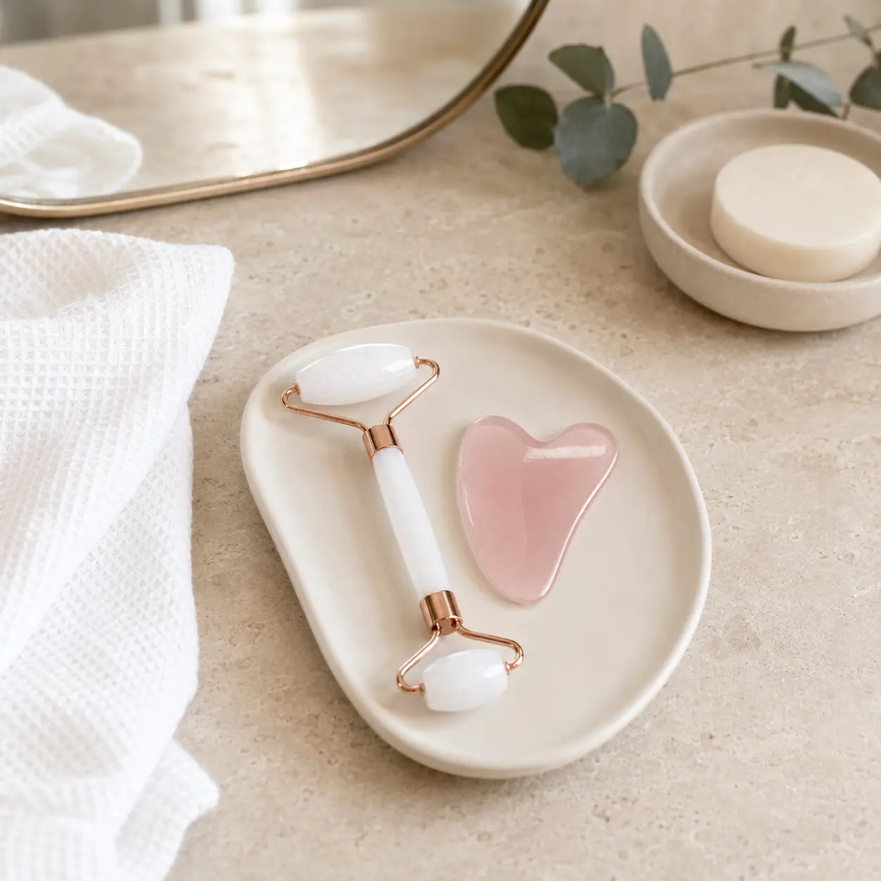 Clear Quartz Jade Roller and Rose Quartz Gua Sha Set with Gift Box, Natural Crystal Face Roller and Gua Sha Facial Tools for Face Eye Neck, Skin Care Lymphatic Drainage Energy Healing Gift for Women