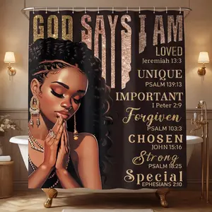 4Pcs Praying Black Queen Shower Curtain Set, Inspirational Quote Afrcian American Woman Shower Curtains with Rugs Toilet Lid Cover Bath Mat, Waterproof Valentine's Day Bathroom Decor Sets