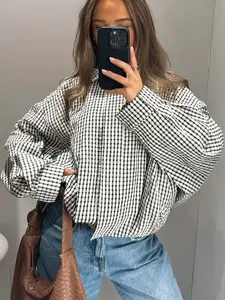 Jacket Female Womenswear Tops Spring Summer Black & White Gingham Check Cropped Bomber Jacket Stand Collar Zip Long Sleeve Elasticated Waist & Cuffs Oversized Fit Lightweight Crinkled Fabric Side Pockets Daily Wear, Street Style, Office Casual