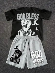 🔥 TikTok popular God Bless printed two-piece set! Trendy Y2K streetwear outfit featuring a praying child print, loose-fit T-shirt, and elastic waist shorts. Comfortable summer men's tracksuit with an aesthetic hip-hop style | Must-have new arrival