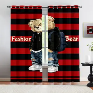 Fashionable bear pattern, 2-piece curtain set, suitable for living room, balcony, and bedroom windows, perfect home decoration for seasonal and festive occasions