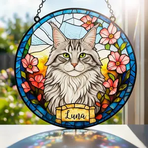 Personalized Cat Suncatcher Acrylic, Custom Pet Name Window Hanging, Stained Glass Style Cat Decor, Dog Memorial Gift, Cat Lover Gift