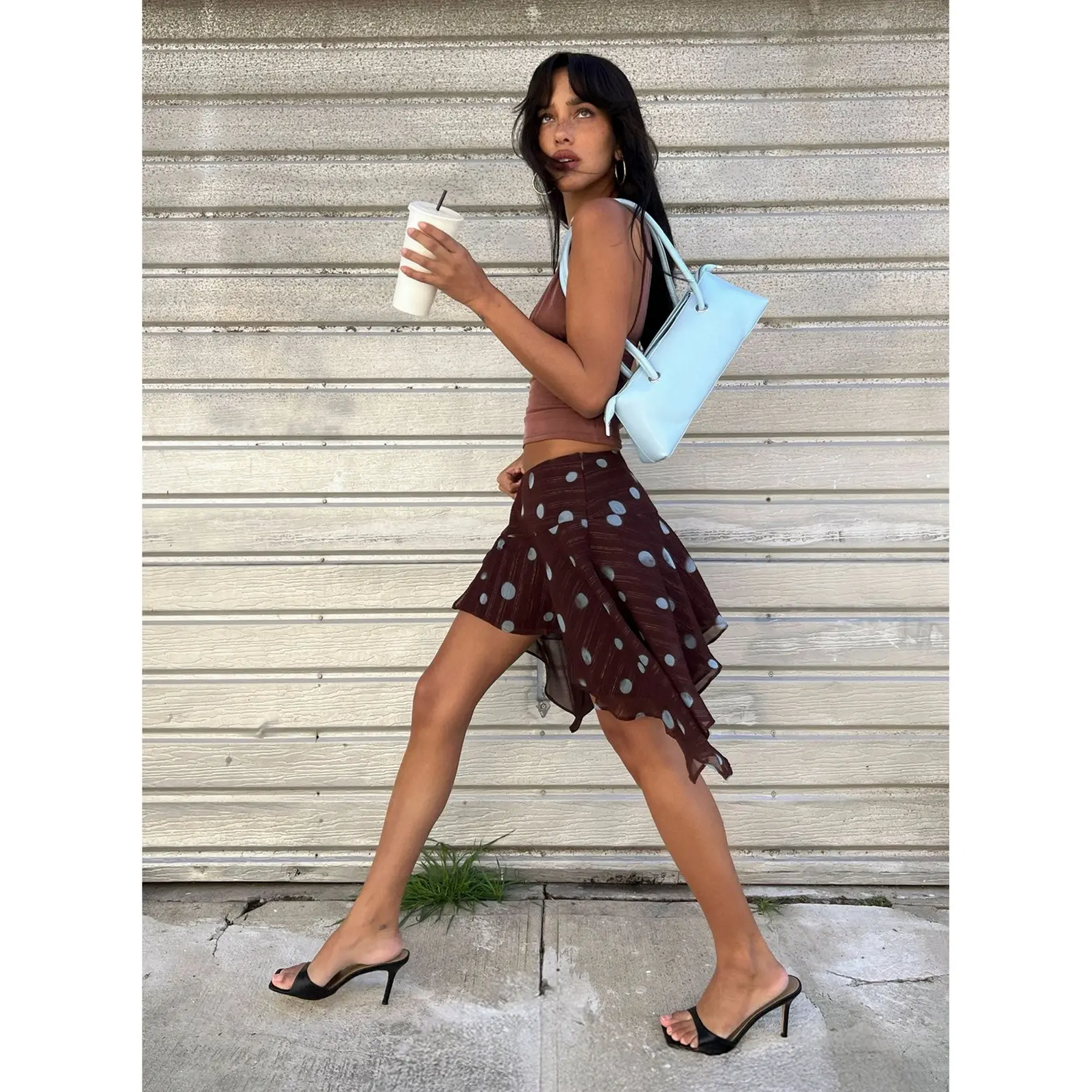 Hevenna Asymmetrical Chiffon Mini Skirt Brown / Blue Polka