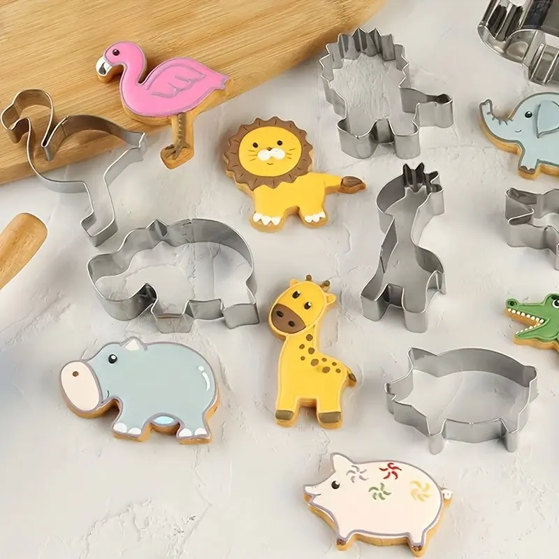 Stainless Steel Cookie Mold Set 12 Pieces, 3D Animal Shapes, Baking Tools, Camel, Lion, Giraffe, Hippo, Koala, Elephant, Dog, Cow, Pig, Crocodile, Flamingo, Panda, DIY Baking