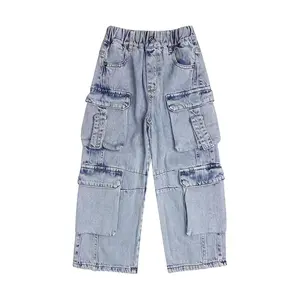 8-Pocket Girls Wide-Leg Denim Pants, 5-14T Ribbed Elastic Waist with D-Ring Loops Cargo Jeans