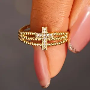 Minimalist Golden Cross Rings Stylish Three-layer Adjustable Cross Ring For Women, Parties And Daily Casual Accessories, Perfect For Anniversaries And Special Occasions