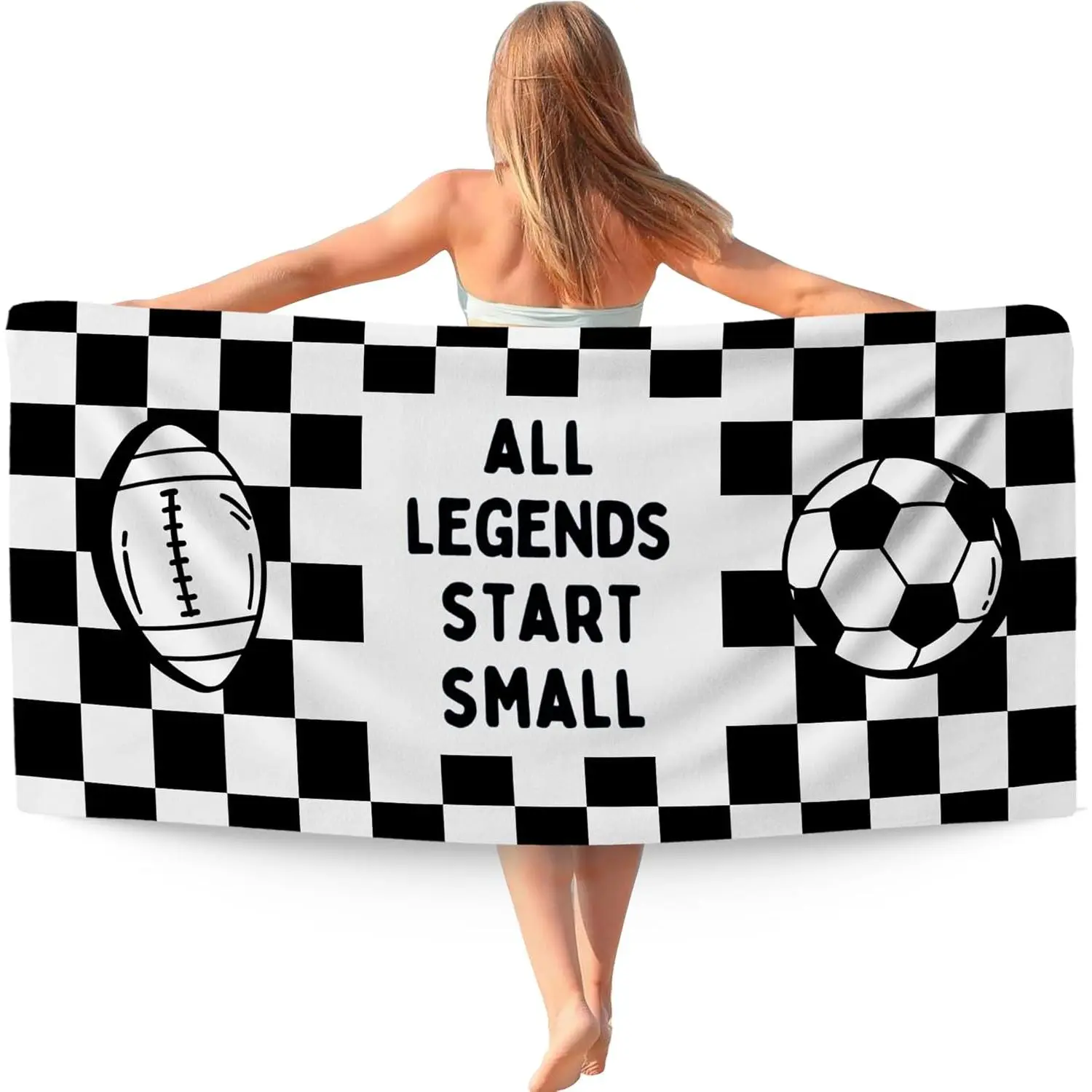 All Legends Start Small Funny Beach Towel, Inspirational Football Soccer Beach Towels Oversized Gifts for Kids, Black Checkered Sports Quick Dry Travel Sand Towel Decor