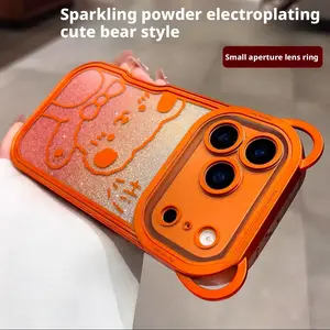 Sparkling Powder Electroplating Cute Bear Case for IP17promax IP17pro Anti-fall Large Window Protective Cover with Shiny Gradient Effect