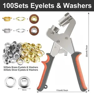 6mm Air Hole Snap Fastener Hand Press Clamp Installation Tool Set, Sail Tent Cloth Metal Eyelets, Includes 100 Sets Silver Color &