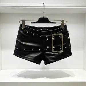 Womens Shorts Black Low-Rise Studded Shorts Skinny Shorts With An Oversized Buckle Belt Punk-Goth Style High-Slit Shorts—Perfect For Nightclubs Raves Cosplay And Street Style