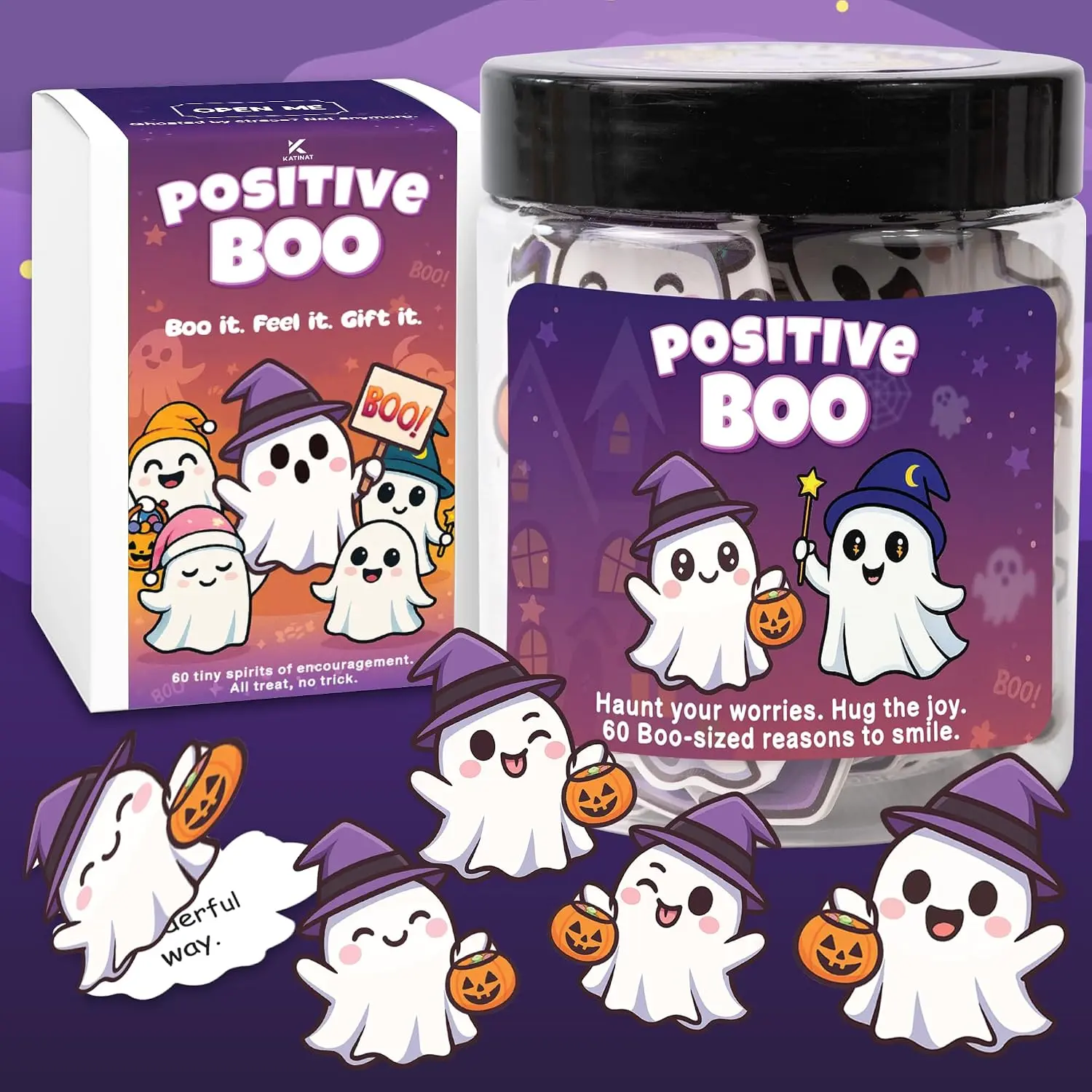 Halloween Fall Gift Positive Ghost Affirmation Jar – Emotional Support Ghosts Jar, Boo Basket Stuffers for Women, Teens, Funny Halloween Gifts for Women, Kids, Teens, – Cute Halloween Basket Stuffers Ideas