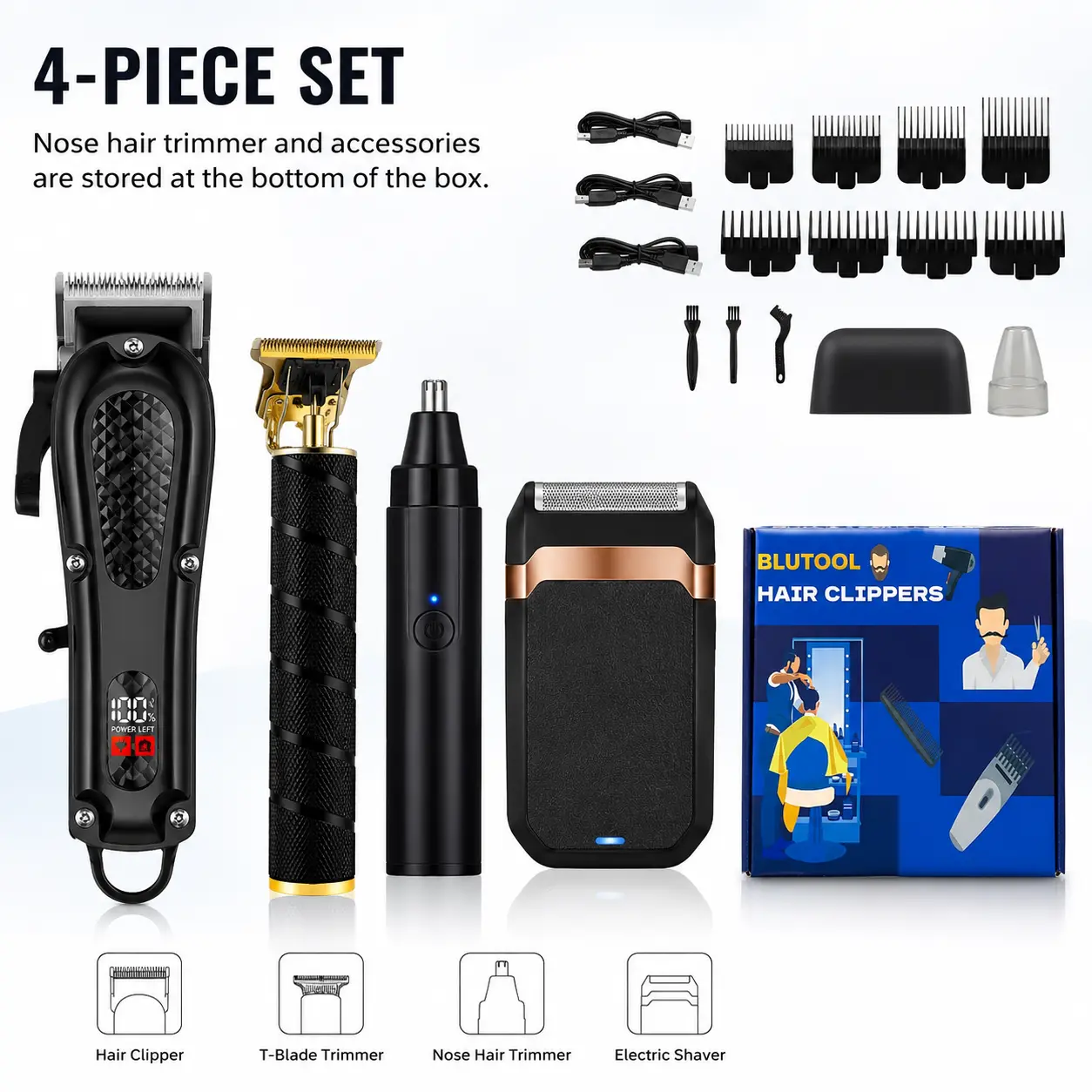 Men's 4-Piece Grooming Set: Includes foil shaver with LCD display, hair clipper, and nose hair trimmer; professional USB-rechargeable grooming tools, cordless hair clipper, and USB-rechargeable beard trimmer; ideal gift for men or for the holidays.