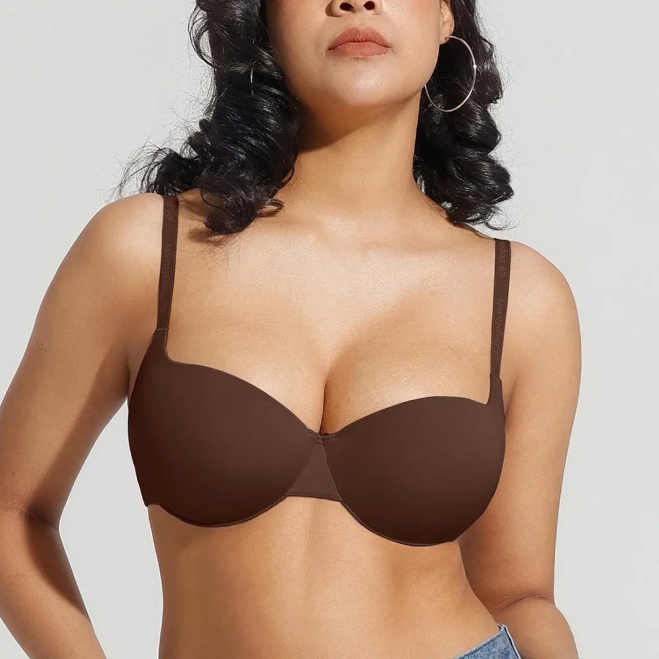 Popilush Women's Push Up Bra - Soho Chic Fabric Bandeau, Multi-Way Wear, Stitched, Non-Slip Shaping, Invisible Deep V Support, Adjustable, Everyday Comfort T-Shirt Style for Women (Strapless Option)