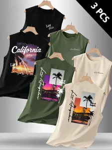 Bestselling Summer Men's Casual Sleeveless Tank Top, Tropical Coconut Tree Letter Graphic Print, Outdoor Sports Wear, Daily Versatile, 3 Pieces Set