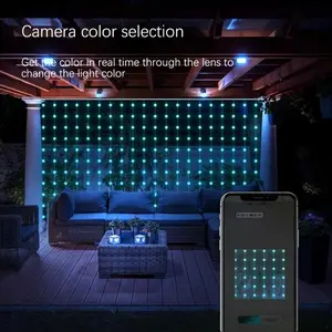RGB curtain lights with app control, waterproof for outdoor use, suitable for decorating bedroom windows, patios, and weddings.