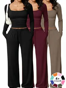 New autumn casual Fitted pantsuit with square collar, long-sleeved short top, European and American women's sportswear, Womenswear