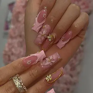 Pink 3D Floral Press On Nails | Pastel Charm Gold Flower Nails | Elegant Girly Long Coffin Nails | Glossy Pink Barbiecore Nails