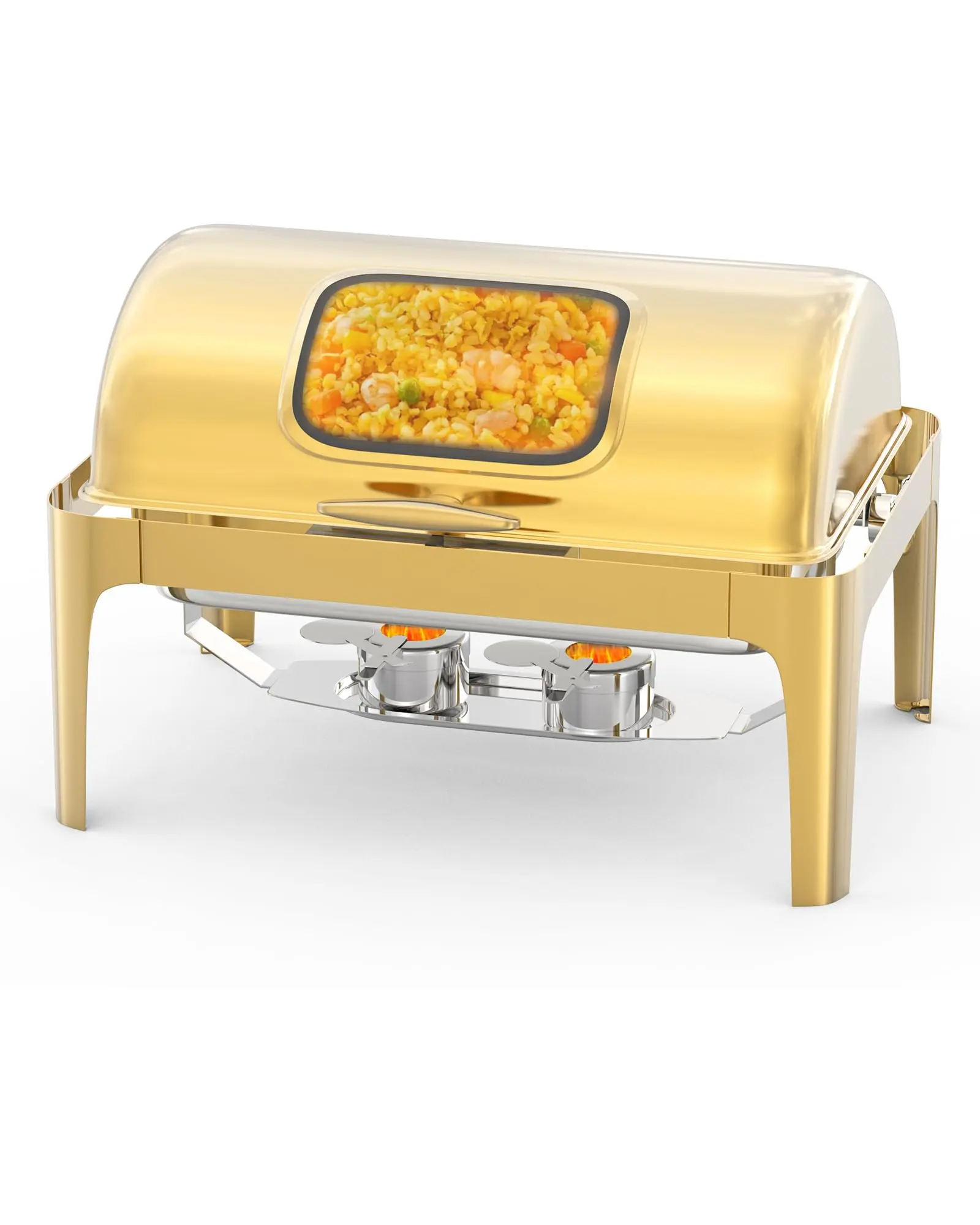 9QT Roll Top Chafing Dish Buffet Set Rectangular,  Stainless Steel Buffet Warmer Chafers and Buffet Warmers Sets with Glass Window and Thick Frame for Catering Events Parties Weddings Dinners,Gold