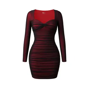 HYZ Women's Sexy Bodycon Long Sleeve Sweetheart Neck Color Block Mesh Ruched Mini Party Dress