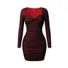HYZ Women's Sexy Bodycon Long Sleeve Sweetheart Neck Color Block Mesh Ruched Mini Party Dress