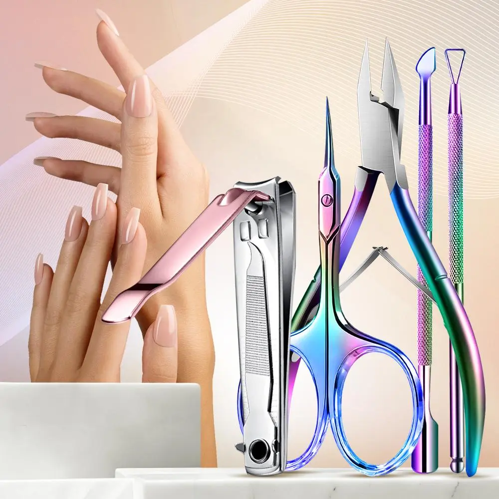 Cuticle Scissors Nail Clipper with Cuticle Pushers Extra Fine Curved Blade Rhinestone Remover Nipper Nail Art Tools Manicure Set