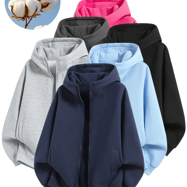 Unisex Minimalist Solid Color Hooded Zip Up Sweatshirt, Loose Drop Shoulder Design, 2 Way Zipper, Multi Color Blank Comfy Hoodie