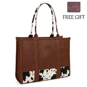 Wrangler Cow Print Tote Bag for Women Western Collection Top Handle Handbags with Whipstitch Details & Zippered Pockets Trendy Commuter Bag